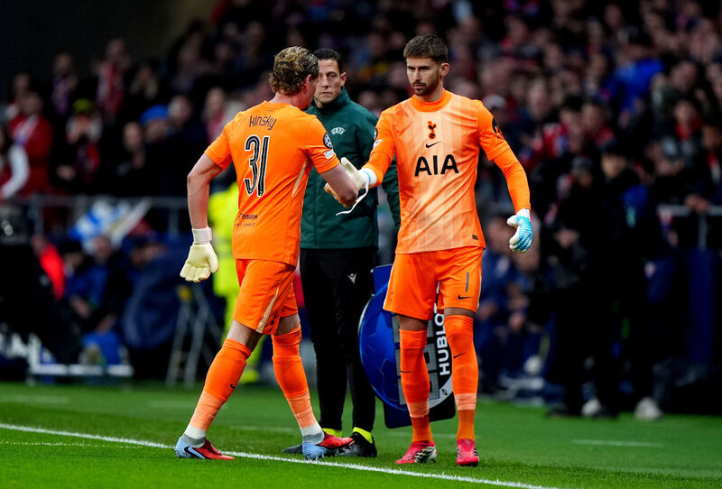 Tottenham Hotspur goalkeeper Antonin Kinsky (left) is substituted off for Guglielmo Vicario (right) during the UEFA Champions League match at  Metropolitano in Madrid, Spain. Picture: Bradley Collyer/PA Wire