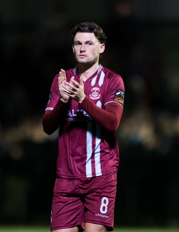 Rhys Gourdie of Cobh Ramblers acknowledges the fans. Picture: Michael P Ryan/Sportsfile