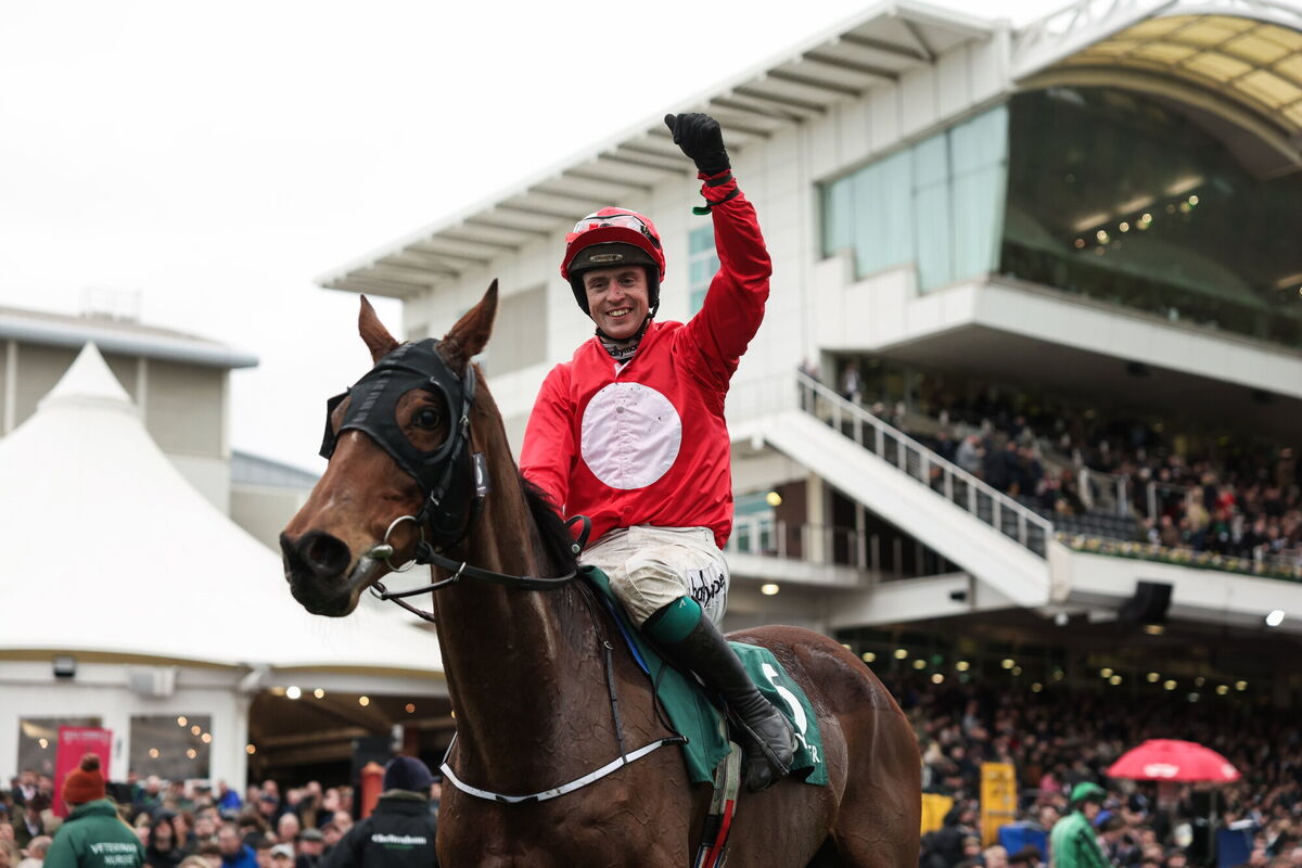 Jockey JJ Slevin celebrates on Home By The Lee after winning the Paddy Power Stayers' Hurdle. Picture: Harry Murphy/Sportsfile