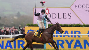 <p>Heart Wood ridden by Cork's Darragh O'Keeffe wins the Ryanair Chase. Picture: David Davies for The Jockey Club/PA Wire.</p>