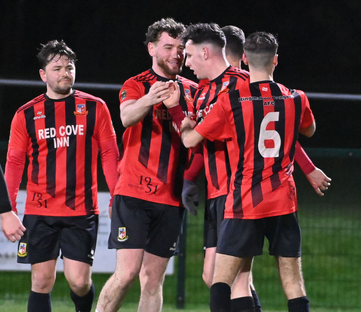 Ringmahon Rangers' Jordan Delurey (2nd right) is congratulkated by teammates after scoring the opening goal against Riverstown during the Beamish Stout MSL junior premier game at Ringmahon Park. Picture; Eddie O'Hare