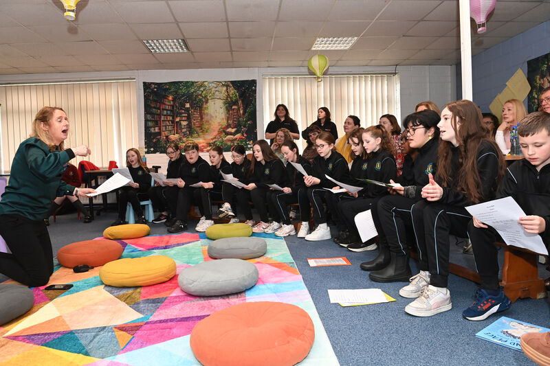  Singers give a rendition of 'An Poc ar Buile', led by teacher Brigid Murphy at the official opening of the Seán Ó Sé Library ( Leabharlann Sheáin Uí Shé) at St Marys on the Hill NS, Knocknaheeny. Picture: Larry Cummins