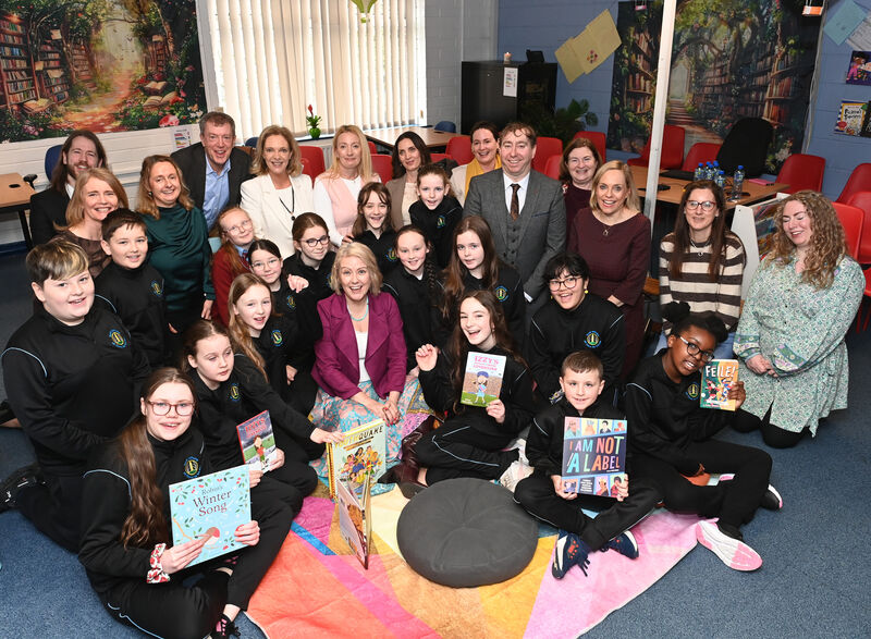  Pupils, teachers and special guests, including author Emma Larkin , at the official opening of the Seán Ó Sé Library ( Leabharlann Sheáin Uí Shé) at St Marys on the Hill NS, Knocknaheeny. Picture: Larry Cummins