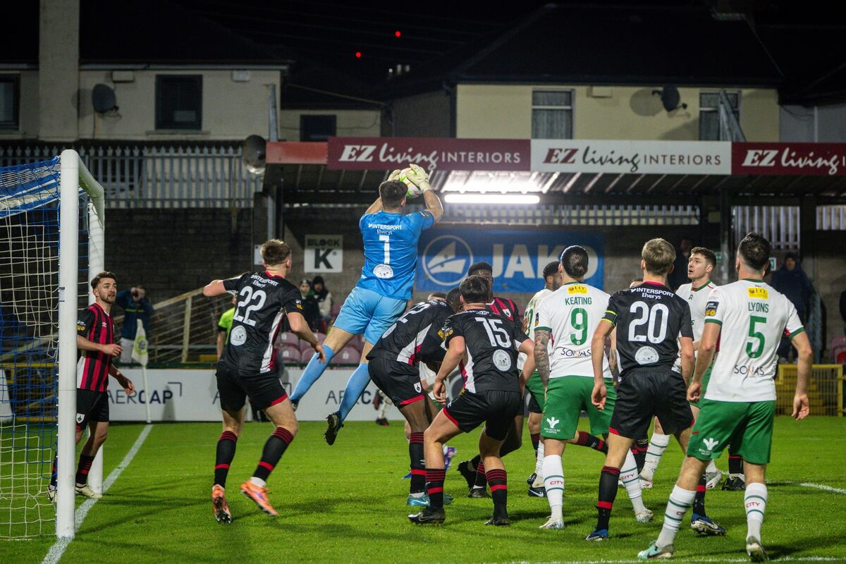 Kian Moore makes a first-half save as Cork City attack. Picture: Chani Anderson.