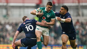 <p>Jack Crowley of Ireland is tackled by Finn Russell, left, and Sione Tuipulotu of Scotland at the Aviva Stadium on Saturday. Picture: Brendan Moran/Sportsfile</p> <p>Jack Crowley of Ireland is tackled by Finn Russell, left, and Sione Tuipulotu of Scotland at the Aviva Stadium on Saturday. Picture: Brendan Moran/Sportsfile</p>