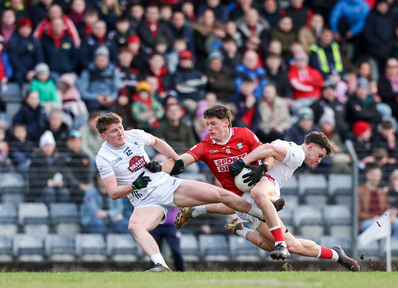 Colm O'Callaghan of Cork in action against Kildare players, from left, Colm Dalton and Eoin Lawlor. Picture: Michael P Ryan/Sportsfile