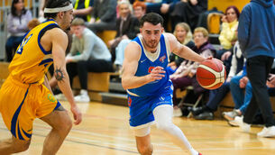 <p>DRIVEN: UCC Demons' James Hannigan drives towards the hoop against St Vincent's in the Mardyke Arena. Picture: Noel Sweeney</p>