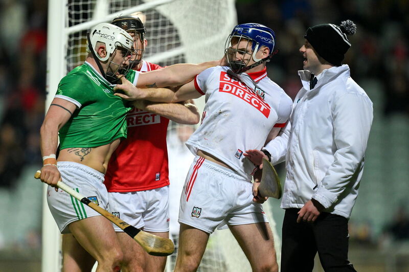 NO LOVE LOST: Aaron Gillane of Limerick and Cork goalkeeper Patrick Collins tussle during the Allianz Hurling League Division 1A match. Picture: Brendan Moran/Sportsfile