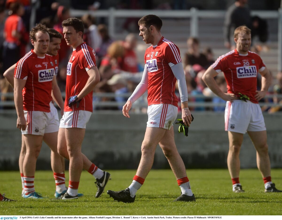 Cork players dejected after suffering relegation from the Division 1 League in 2016. Picture: Piaras Ó Mídheach/Sportsfile