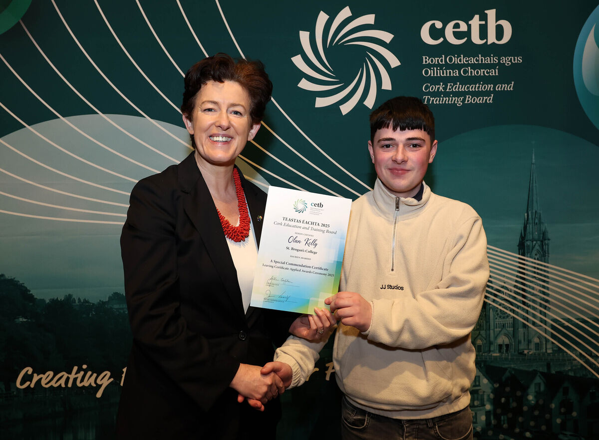 Councillor Gillian Coughlan, chairperson Cork ETB, presenting a Special Commendation Certificate to Olan Kelly, St Brogan’s College.