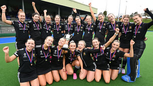 <p>UCC players celebrate after defeating Harlequin's in the ladies Munster senior cup final at Garryduff. Picture; Eddie O'Hare</p>