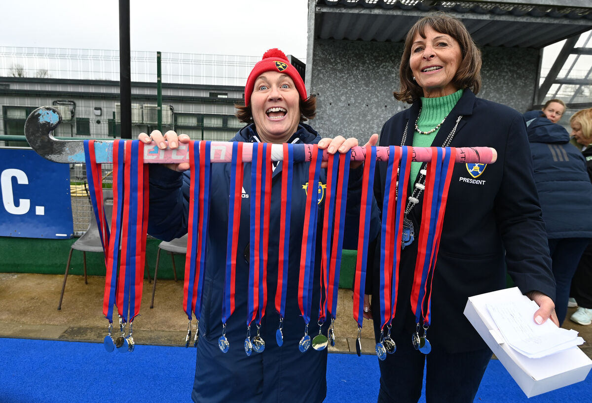 Nicky Stokes (right) president Munster branch and Kathy Minehane , vice president with the medals before presenting to the winners UCC against Harlequins in the ladies Munster senior cup final at Garryduff. Picture: Eddie O'Hare
