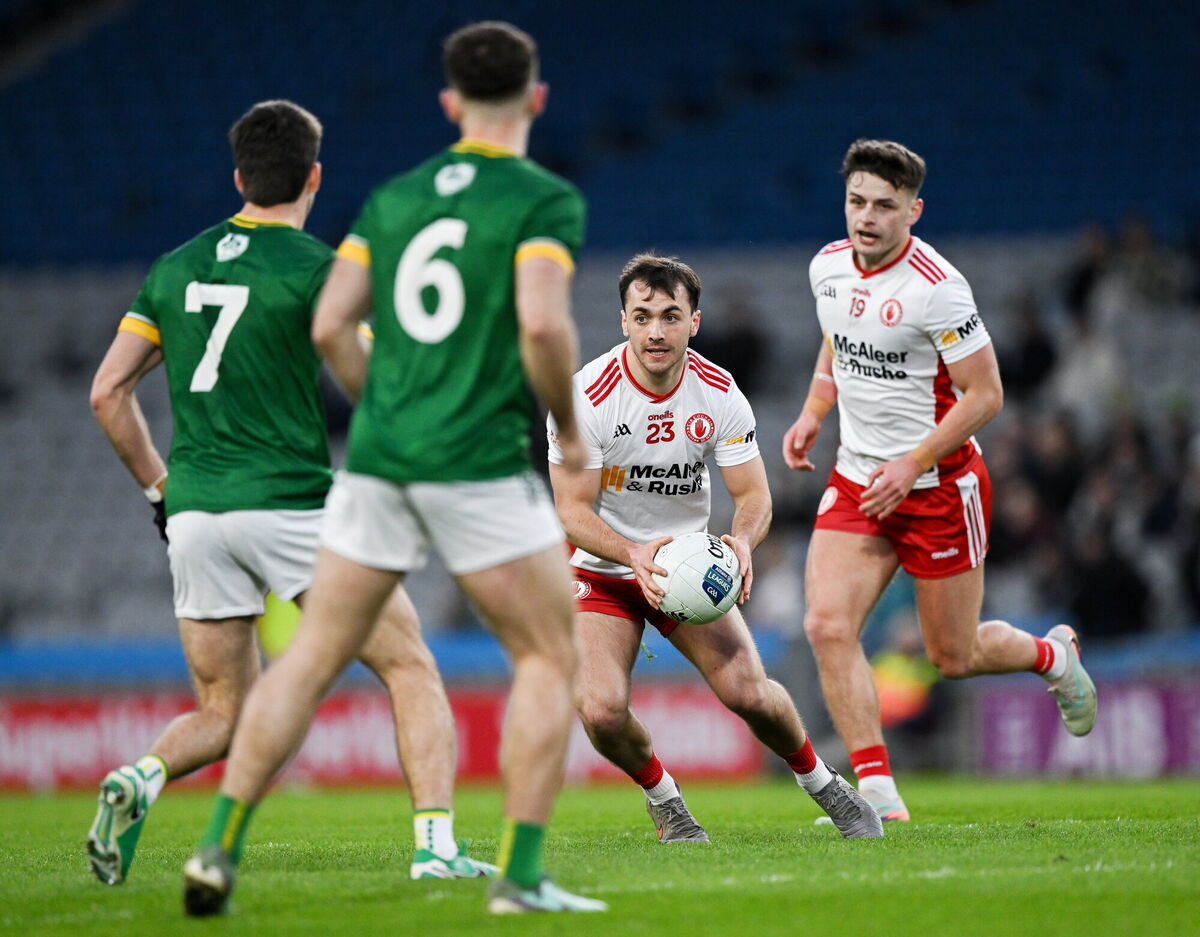 Darragh Canavan of Tyrone supported by Michael Rafferty faces Meath pair Ciarán Caulfield and Seán Coffey, 6. during the Allianz Football League Division 2 match between Meath and Tyrone at Croke Park in Dublin. Picture: Ray McManus/Sportsfile