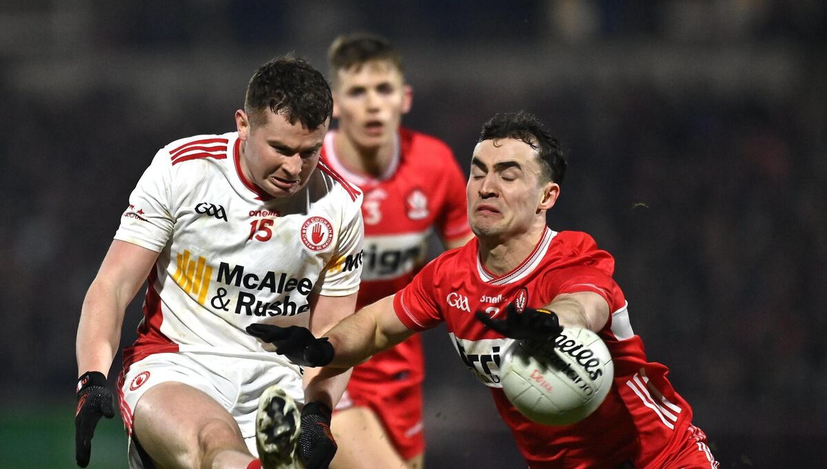  Ethan Jordan of Tyrone has his shot blocked down by Diarmuid Baker of Derry during the Allianz Football League Division 2 match between Derry and Tyrone at Celtic Park in Derry. Picture: Oliver McVeigh/Sportsfile