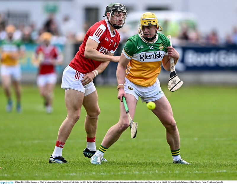 Cork's Mark Coleman in action against Killian Sampson of Offaly in 2024. Picture: Piaras Ó Mídheach/Sportsfile