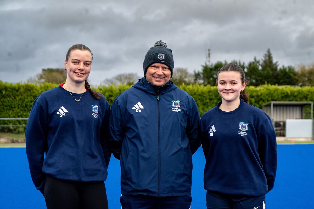 Coach David Egner with co-captains Sofie Moloney and Amy Noonan during a training session at Harlequins Hockey Club ahead of the Kate Russell All-Ireland tournament. Picture: Chani Anderson