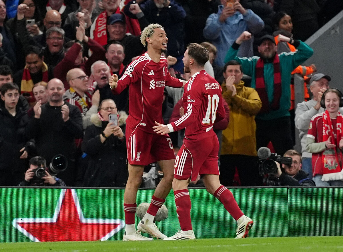 Liverpool's Hugo Ekitike (left) celebrates with Alexis Mac Allister after scoring their side's second goal of the game during the UEFA Champions League round of sixteen, second leg match at Anfield, Liverpool. Liverpool's Hugo Ekitike (left) celebrates with Alexis Mac Allister after scoring their side's second goal of the game during the UEFA Champions League round of sixteen, second leg match at Anfield, Liverpool.