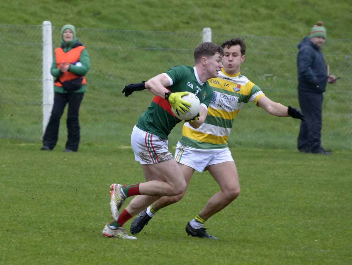 Carbery Rangers' Conor Twomey tackling Clonakilty's Dan Peet. Picture: Denis Boyle