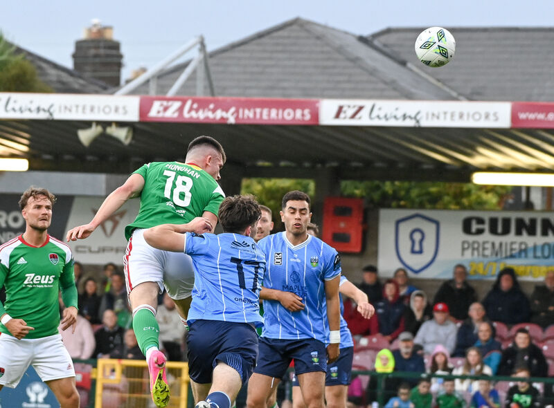  Cork City's Josh Honohan misses from close range under pressure from UCD's Dara Keane. Picture: David Keane.