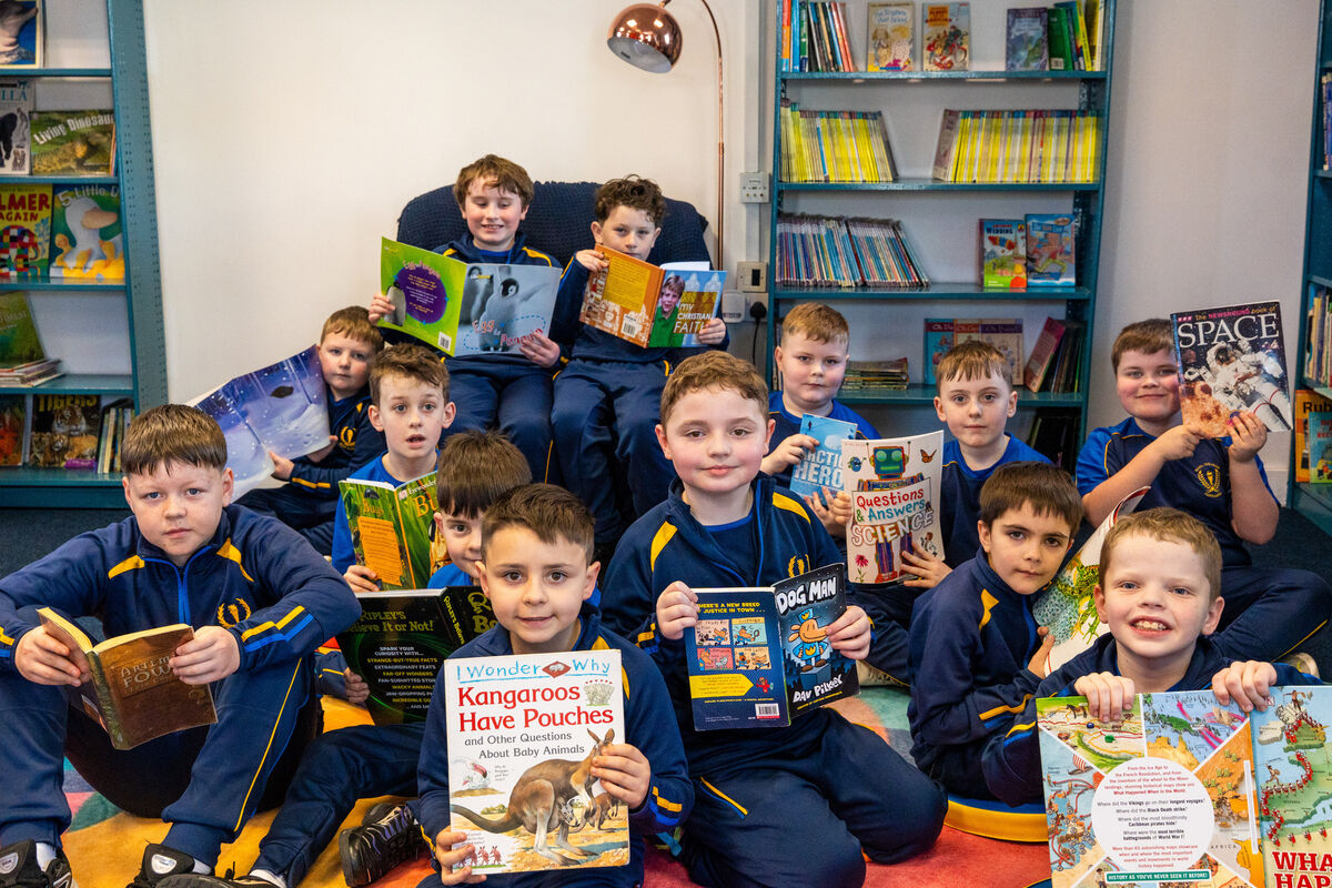 The Scoil Íosagáin second-class boys in the new library. Pictures: Noel Sweeney The Scoil Íosagáin second-class boys in the new library. Pictures: Noel Sweeney