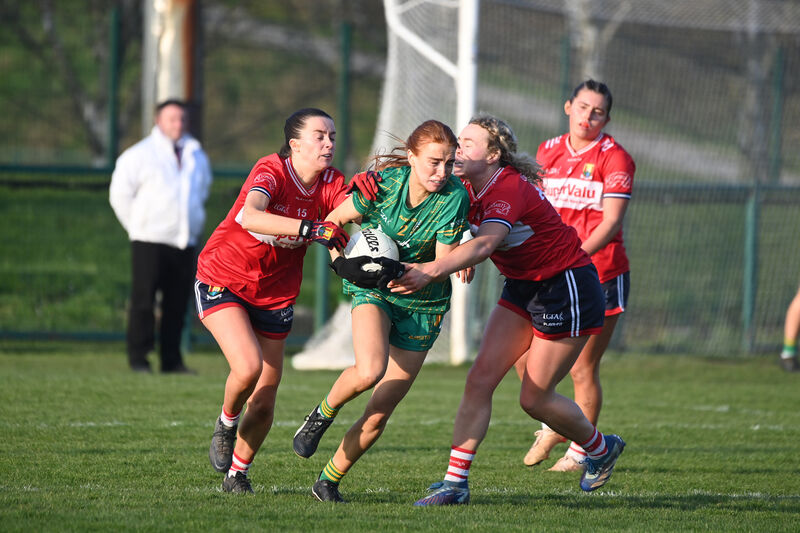 Leah Hallahan and Katie Quirke try to prevent a clearance by Meath defender Karla Kealy. Picture: Larry Cummins Leah Hallahan and Katie Quirke try to prevent a clearance by Meath defender Karla Kealy. Picture: Larry Cummins