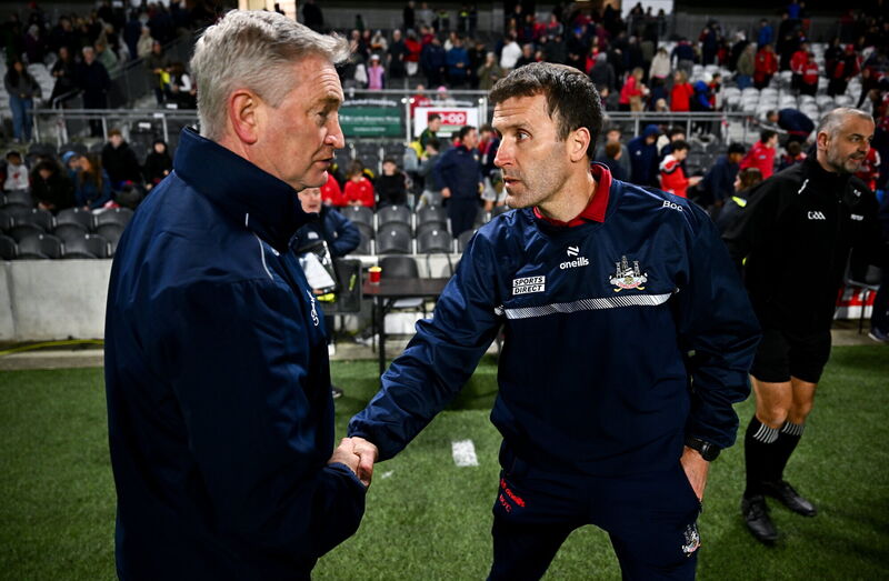 Cork manager Ben O'Connor with his Offaly counterpart Johnny Kelly. Picture: Tyler Miller/Sportsfile