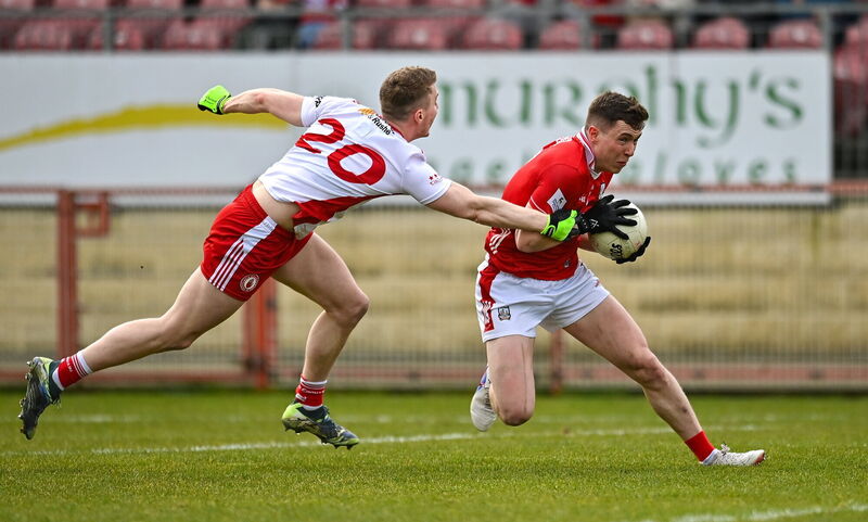 Luke Fahy of Cork in action against Ben McDonnell of Tyrone. Picture: Oliver McVeigh/Sportsfile Luke Fahy of Cork in action against Ben McDonnell of Tyrone. Picture: Oliver McVeigh/Sportsfile