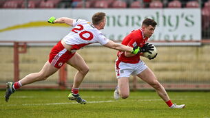<p>Luke Fahy of Cork in action against Ben McDonnell of Tyrone. Picture: Oliver McVeigh/Sportsfile</p>