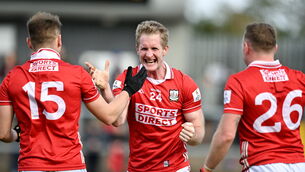 <p>Ruairí Deane of Cork celebrates with Steven Sherlock and Brian Hurley. Picture: Oliver McVeigh/Sportsfile</p>