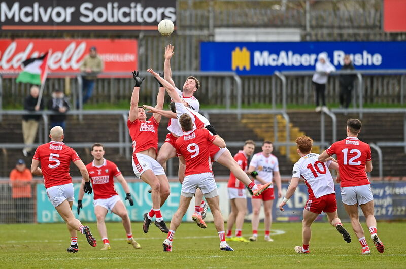 Colm O'Callaghan fights for the ball in midfield for Cork against Tyrone. Picture: Oliver McVeigh/Sportsfile