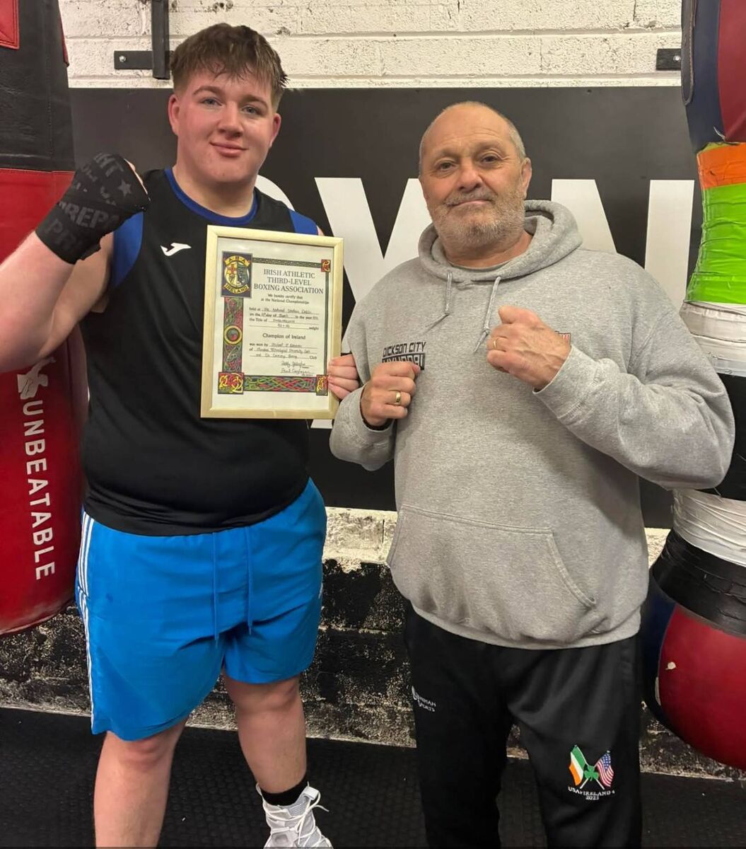 Cork Boxing: Third Level Irish champion Michael O'Donovan, De Courcey Boxing Club, with his Coach Will Rossall.
