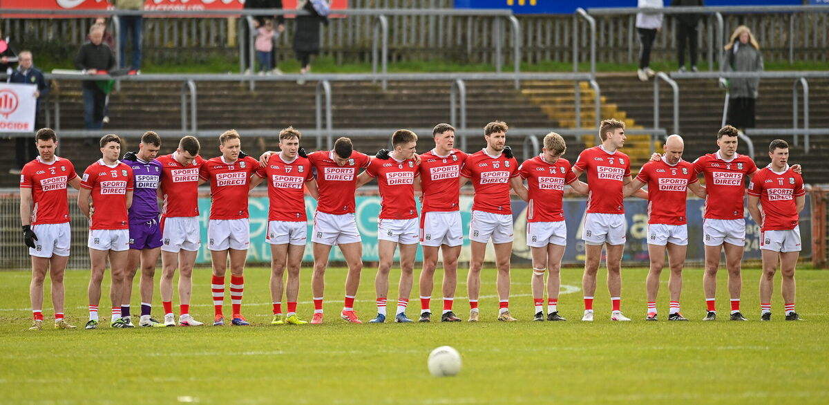 The Cork team stands for the national anthem. Picture: Oliver McVeigh/Sportsfile