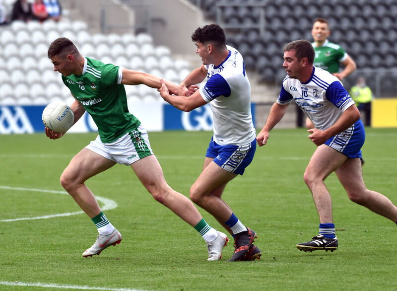 Kanturk's Daniel O'Connell is held by Knocknagree's Michael Mahoney during the PIFC final in the 2020 season. Picture: Eddie O'Hare