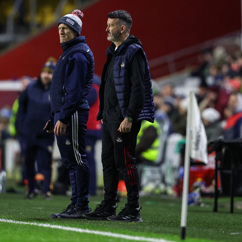 Cork U20 manager Noel Furlong with coach Dónal Óg Cusack during the challenge match against Wexford last month. Picture: Inpho/Ben Brady