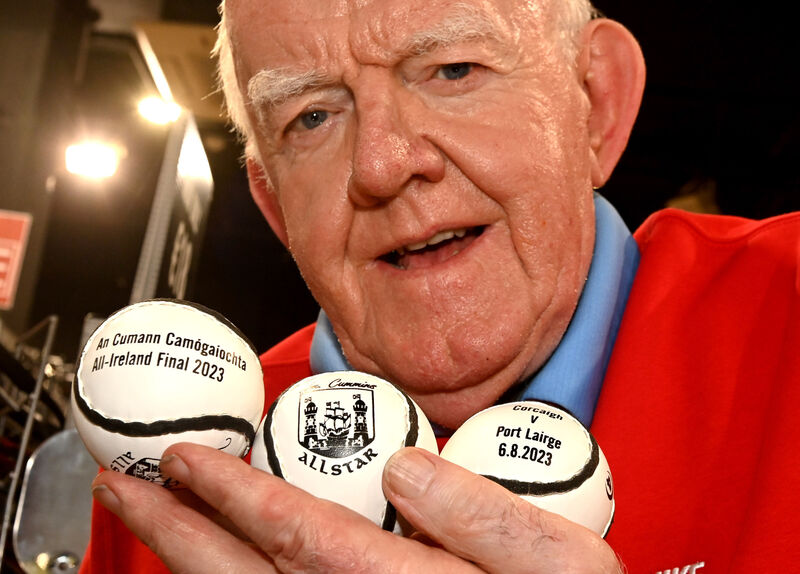 Kevin Cummins from Cummins Sports with sliotars used at the 2023 All Ireland camogie final between Cork and Waterford. Picture; Eddie O'Hare