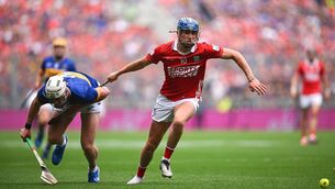 <p>20 July 2025; Diarmuid Healy of Cork in action against Eoghan Connolly of Tipperary during the GAA Hurling All-Ireland Senior Championship final match between Cork and Tipperary at Croke Park in Dublin. Photo by Seb Daly/Sportsfile</p>