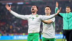 Troy Parrott and Séamus Coleman celebrate after the match 16/11/2025