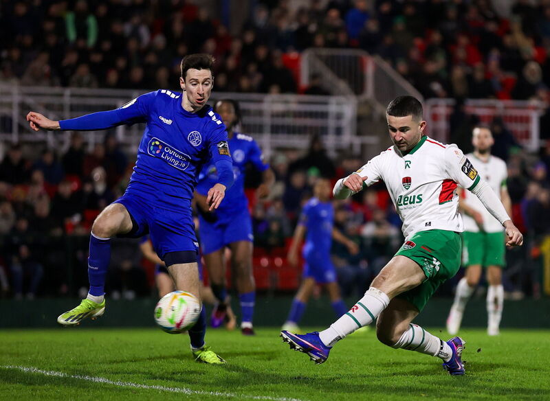 Sean Maguire of Cork City has a shot on goal despite the attention of Kyle Tucker of Bray Wanderers during the SSE Airtricity Men's First Division match between Cork City and Bray Wanderers at Turner's Cross in Cork. Picture: Michael P Ryan/Sportsfile