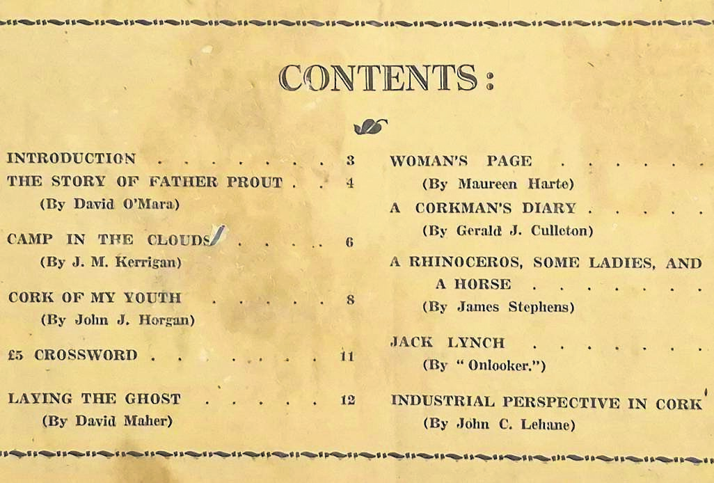 The contents page for the first edition of the Shandon magazine in 1947. 