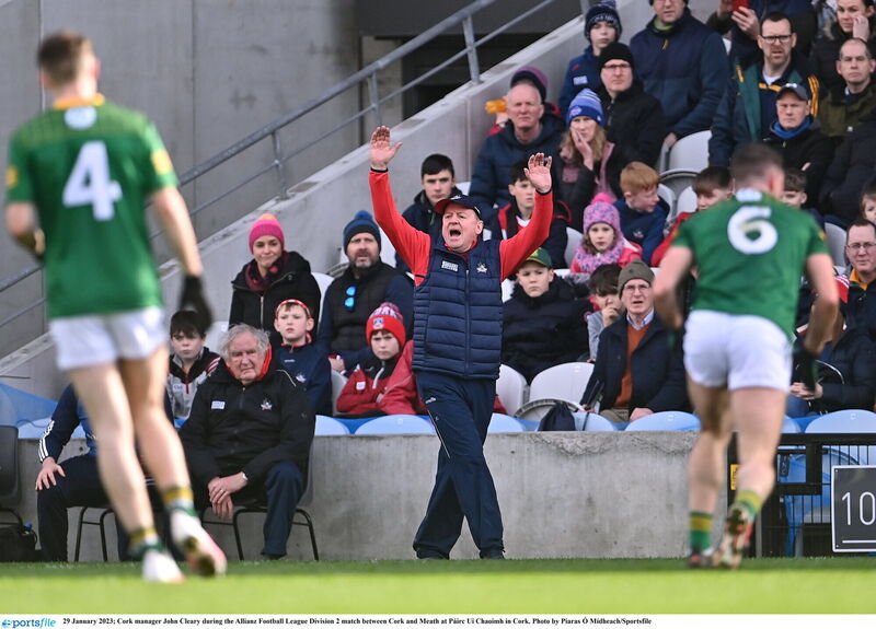 Cork manager John Cleary during his side's game against Meath in 2023. Picture: Piaras Ó Mídheach/Sportsfile Cork manager John Cleary during his side's game against Meath in 2023. Picture: Piaras Ó Mídheach/Sportsfile