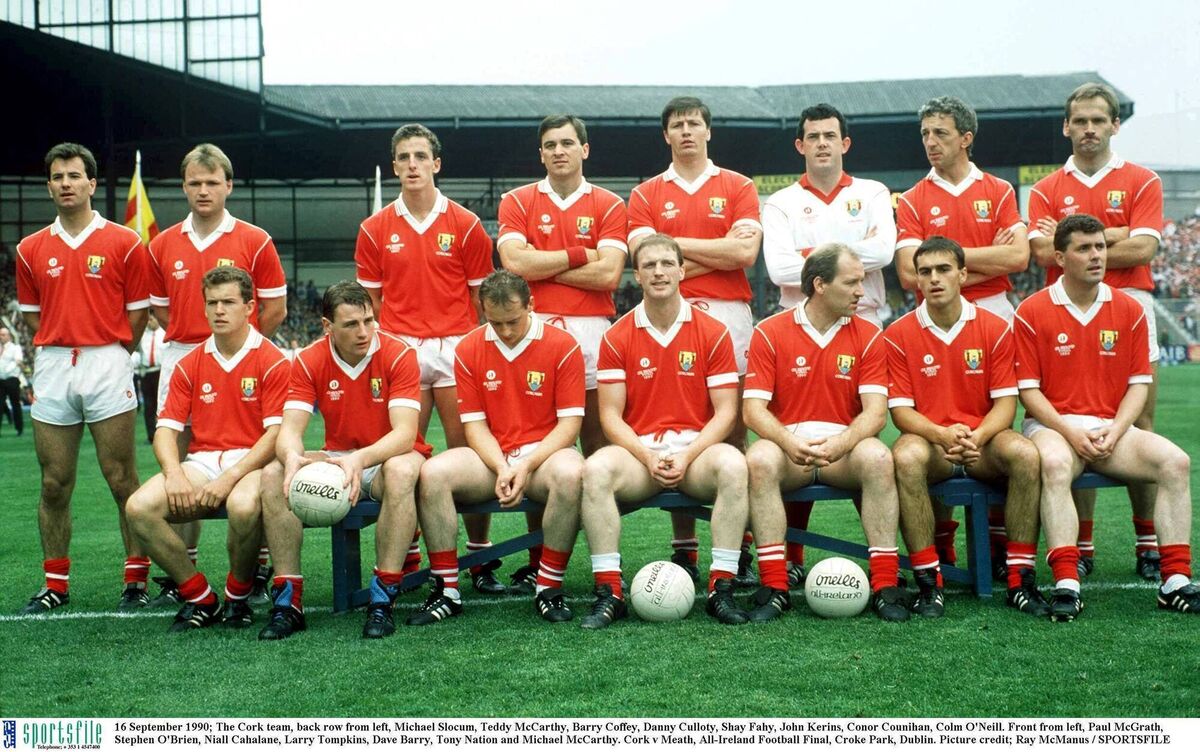 The Cork team that beat Meath to win the 1990 All-Ireland SFC final at Croke Park. Back, from left, Michael Slocum, Teddy McCarthy, Barry Coffey, Danny Culloty, Shea Fahy, John Kerins, Conor Counihan, Colm O'Neill. Front: Paul McGrath, Steven O'Brien, Niall Cahalane, Larry Tompkins, Dave Barry, Tony Nation, Mick McCarthy. Cork v Meath, All-Ireland Football Final, Croke Park, Dublin. Picture: Ray McManus/Sportsfile