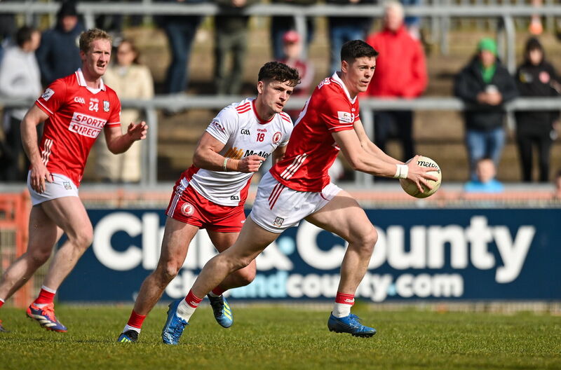 Rory Maguire of Cork in action against Michael McKernan of Tyrone. Picture: Oliver McVeigh/Sportsfile