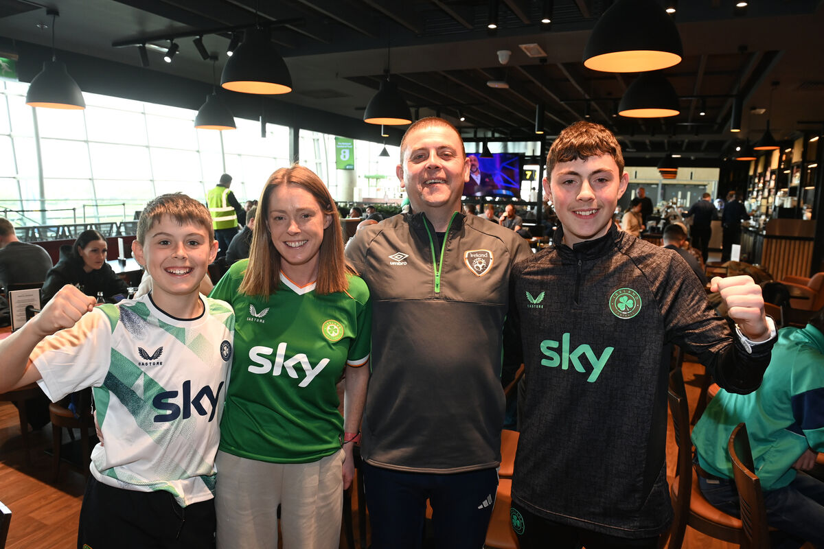 Republic of Ireland soccer fans Michelle and Jamie Massey with sons Cian and Shay at Cork Airport before boarding their Aer Lingus flight to Prague for the World Cup playoff match against Czechia. Picture; Larry Cummins Republic of Ireland soccer fans Michelle and Jamie Massey with sons Cian and Shay at Cork Airport before boarding their Aer Lingus flight to Prague for the World Cup playoff match against Czechia. Picture; Larry Cummins