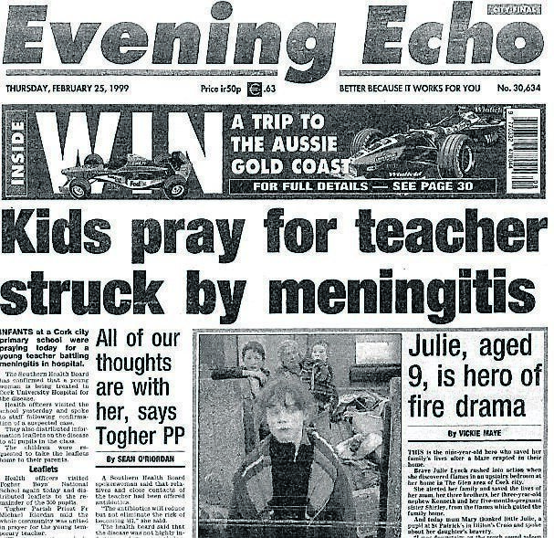 The Evening Echo front page on February 25, 1999, that reported on Marie O'Regan's battle for life