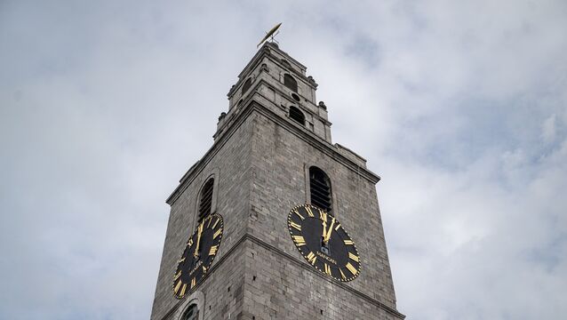 <p>The gilded new clock faces at Cork's iconic Shandon tower, which were unveiled last month. Picture Chani Anderson</p>