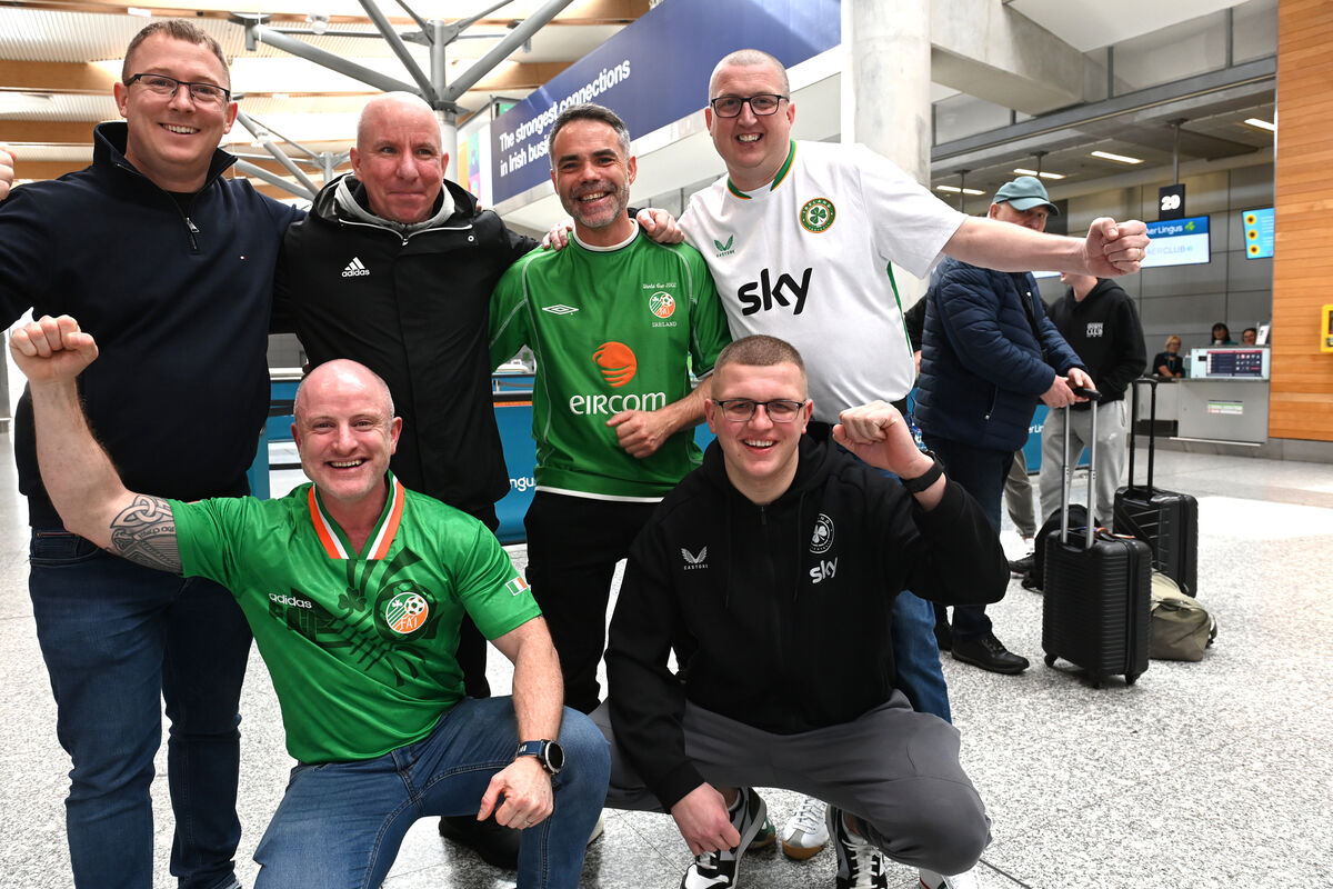 Republic of Ireland soccer fans Tim Murphy and Jamie Noonan with (rear) Mike Goggin, Michael Deasy, Shane Foley, and Noel Noonan at Cork Airport before boarding their Aer Lingus flight to Prague for the World Cup playoff match against Czechia. Picture; Larry Cummins Republic of Ireland soccer fans Tim Murphy and Jamie Noonan with (rear) Mike Goggin, Michael Deasy, Shane Foley, and Noel Noonan at Cork Airport before boarding their Aer Lingus flight to Prague for the World Cup playoff match against Czechia. Picture; Larry Cummins