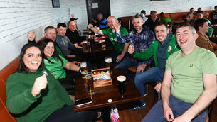 <p>Republic of Ireland soccer fans from Araglin, Co Cork, at Cork Airport before boarding their Aer Lingus flight to Prague for the World Cup playoff match against Czechia. Picture; Larry Cummins</p>
