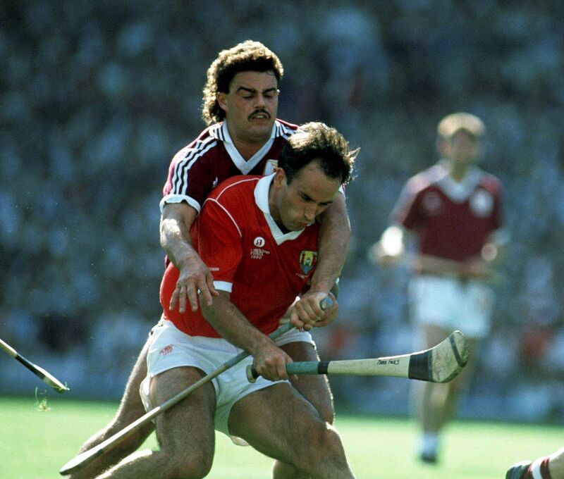 Former Cork hurler Mark Foley in action against Gerry McInerney of Galway during the 1990 All-Ireland hurling final at Croke Park. Picture: Ray McManus/Sportsfile