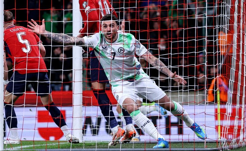 Troy Parrott celebrates a goal in the World Cup qualifier playoff in Czechia. Picture: INPHO/Ben Brady