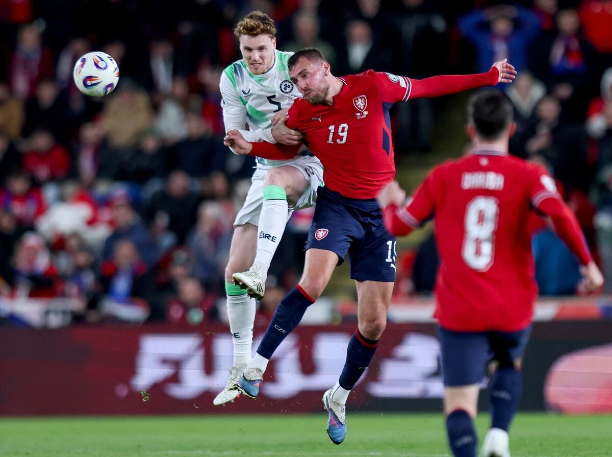 Ireland's Jake O'Brien battling in the air with Tomáš Chorý. Picture: INPHO/Ryan Byrne Ireland's Jake O'Brien battling in the air with Tomáš Chorý. Picture: INPHO/Ryan Byrne